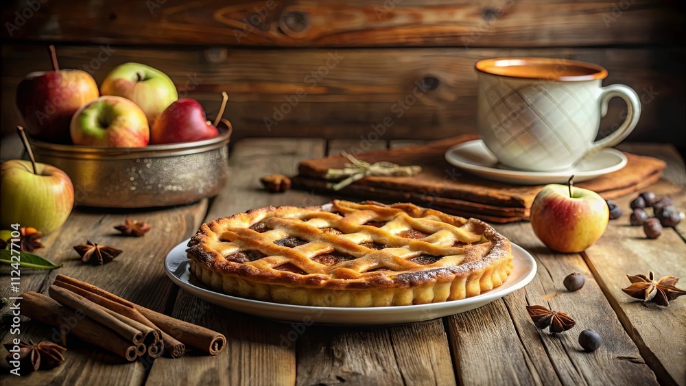 A rustic autumnal scene featuring a delectable apple pie, accompanied by a warm beverage and fresh apples, all set against a wooden backdrop. A rustic autumnal scene featuring a delectable apple pie, accompanied by a warm beverage and fresh apples, all set against a wooden backdrop.