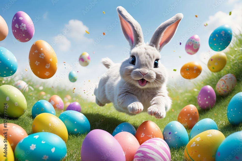 Happy Easter bunny leaps amidst colorful eggs. Happy Easter bunny leaps amidst colorful eggs.