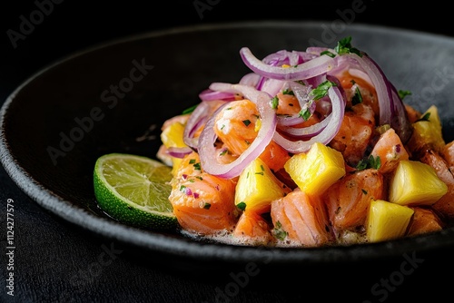 Peruvian salmon ceviche with purple onion accompanied by pineapple and lime on a black backdrop photo