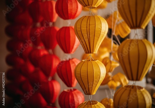 Vibrant red and yellow lanterns hanging in a decorated pattern
