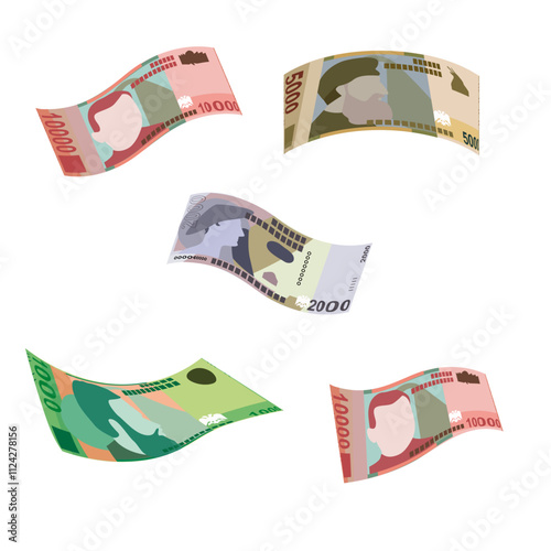 Albanian Lek Vector Illustration. Albania money set bundle banknotes. Falling, flying money 1000, 2000, 5000, 10000 ALL. Flat style. Isolated on white background. Simple minimal design.