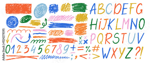 Vector crayon scratch, pen squiggle kit, black stoke. Hand drawn alphabet and numbers, underline and arrows. Sketch colorful illustration on a white background.