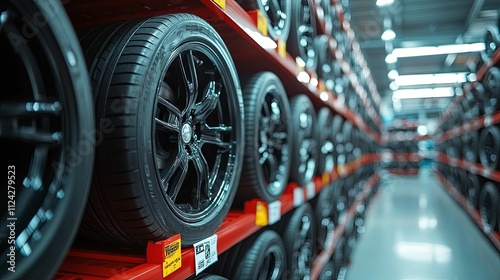 Wallpaper Mural Black alloy wheels and tires stacked on shelves Torontodigital.ca