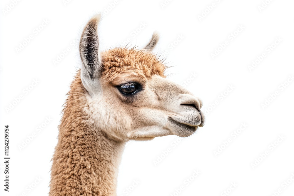 Obraz premium Profile of a medium fawn alpaca gazing at the camera on white background