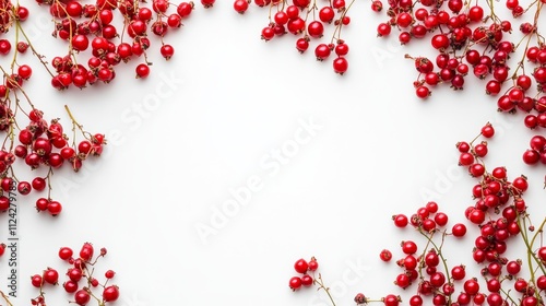 Red berries frame white background minimalist flatlay food photography. photo