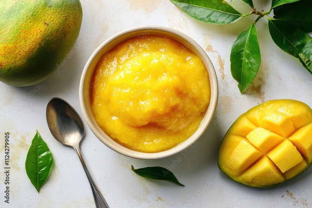 Pureed mango jam with a spoon on a light surface beside fresh fruit Pureed mango jam with a spoon on a light surface beside fresh fruit
