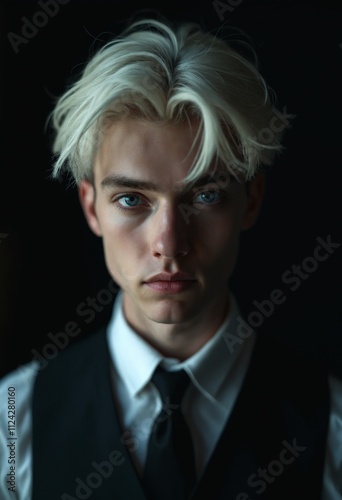 Moody portrait of a gorgeous teenage male with white hair