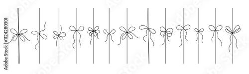 Gift ribbon Black line set, isolated. Thin bow for gift box decoration vector doodle illustration.