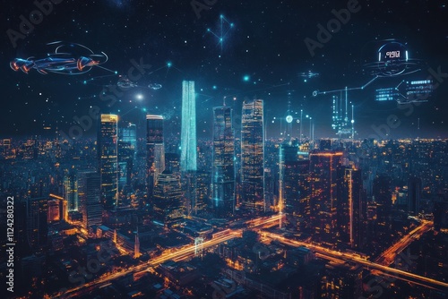 Wallpaper Mural Futuristic cityscape at night with digital overlays showing technological advancements and connectivity. Torontodigital.ca