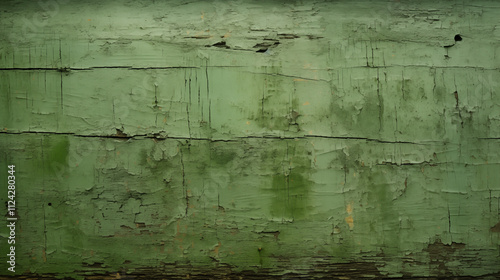 Old weathered wood wall with green paint peeling and crack.