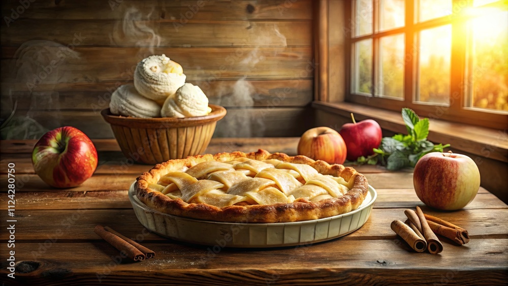 Warm Apple Pie with Ice Cream on Rustic Wooden Table Warm Apple Pie with Ice Cream on Rustic Wooden Table