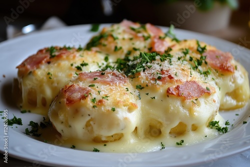 Rondelli filled with ham and cheese drizzled with white parmesan sauce