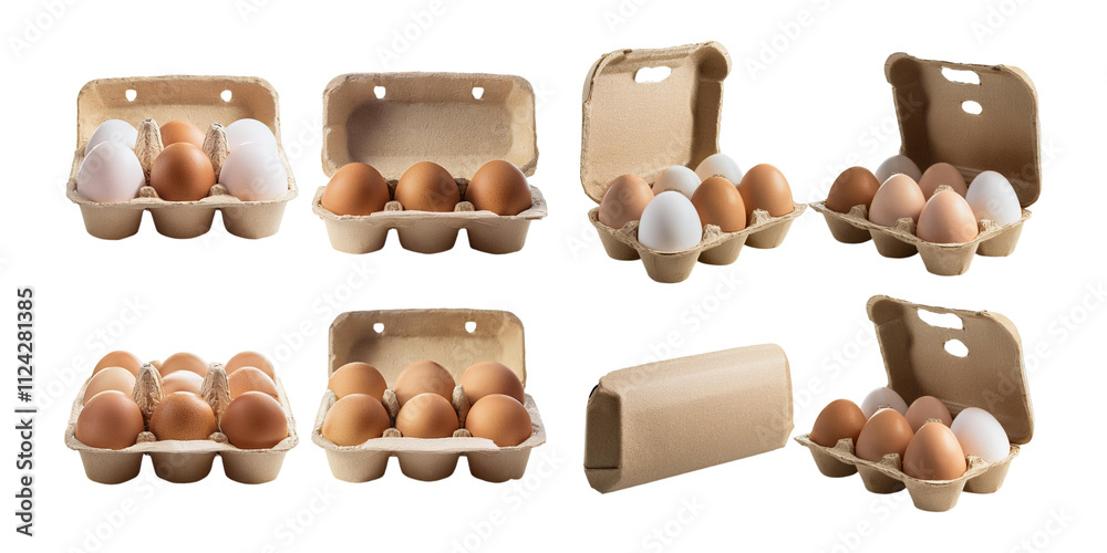 Fototapeta premium Assorted Eggs in Eco-Friendly Cartons, set collection, mega bundle, isolated on transparent background