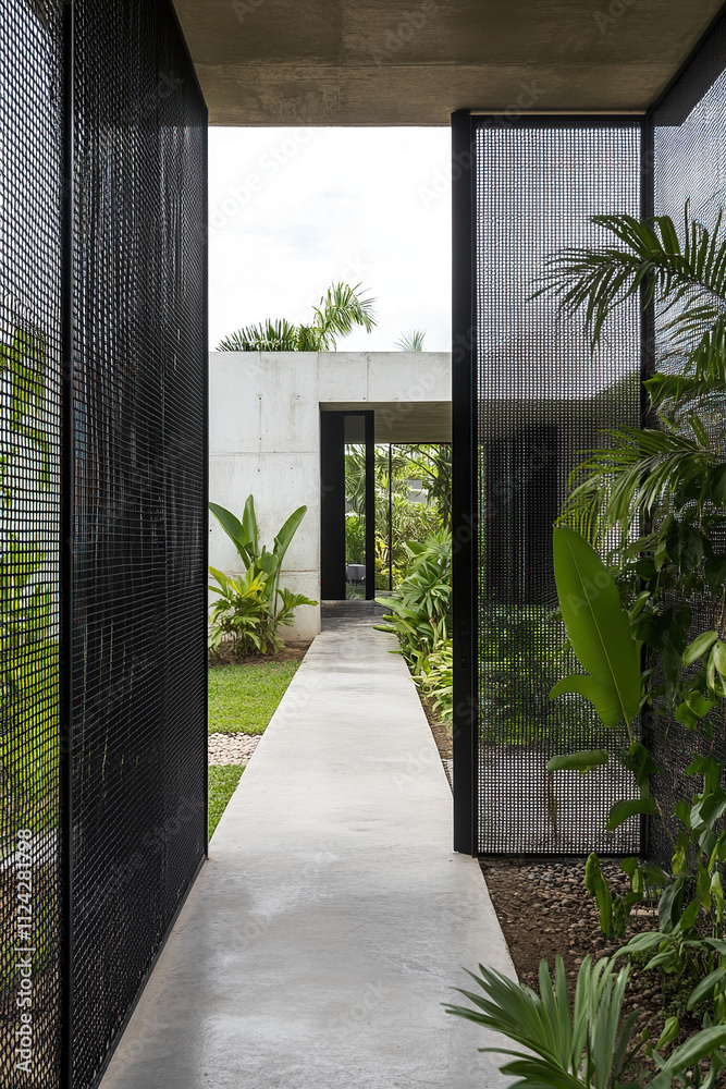 Naklejka premium A modern concrete house with a black metal mesh facade, surrounded by a garden and a white concrete path leading to the entrance door. Tropical plants line both sides of the walkway.