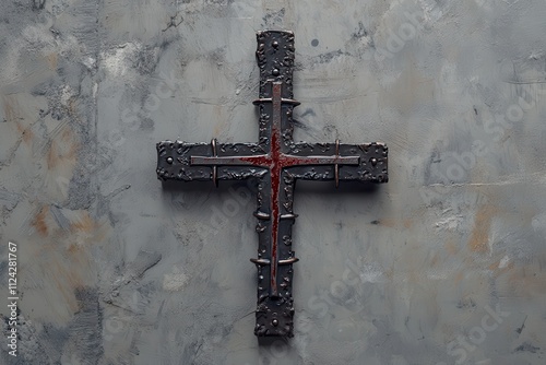 Rusty nail cross with blood on a gray backdrop Space for text Good Friday Easter Christian theme Biblical faith and salvation related to Jesus crucifixion photo