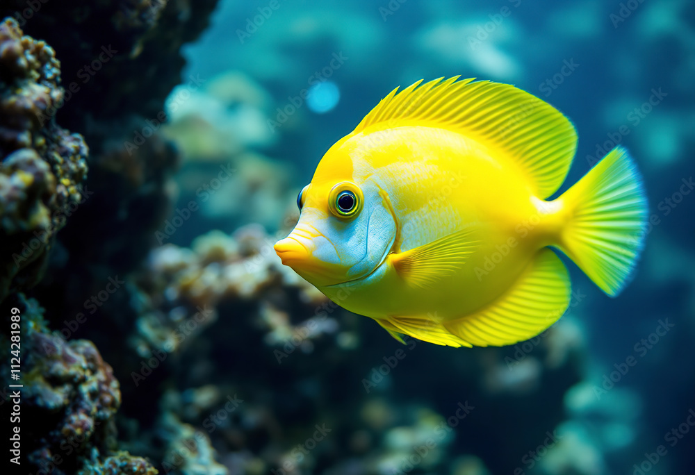 A yellow tropical fish swimming in a blue underwater environment A yellow tropical fish swimming in a blue underwater environment
