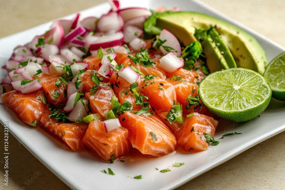 Salmon ceviche featuring avocado onion radish and lime served on a white plate against a beige backdrop Exquisite Peruvian dish Salmon ceviche featuring avocado onion radish and lime served on a white plate against a beige backdrop Exquisite Peruvian dish