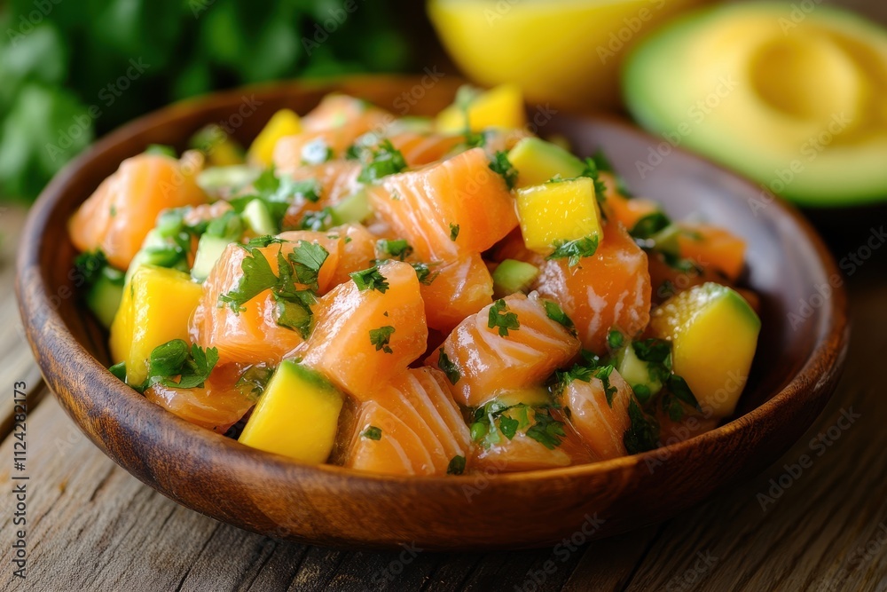 Salmon ceviche featuring lemon mango and avocado on a wooden surface Salmon ceviche featuring lemon mango and avocado on a wooden surface