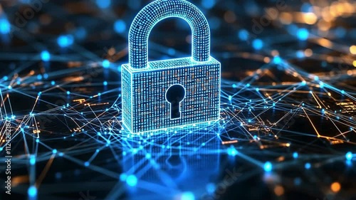 Glowing blue digital padlock on a network grid, symbolizing cybersecurity, data encryption, and secure technology.