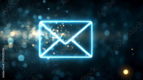 Futuristic blue email icon formed by shimmering particles, representing online messaging and technology