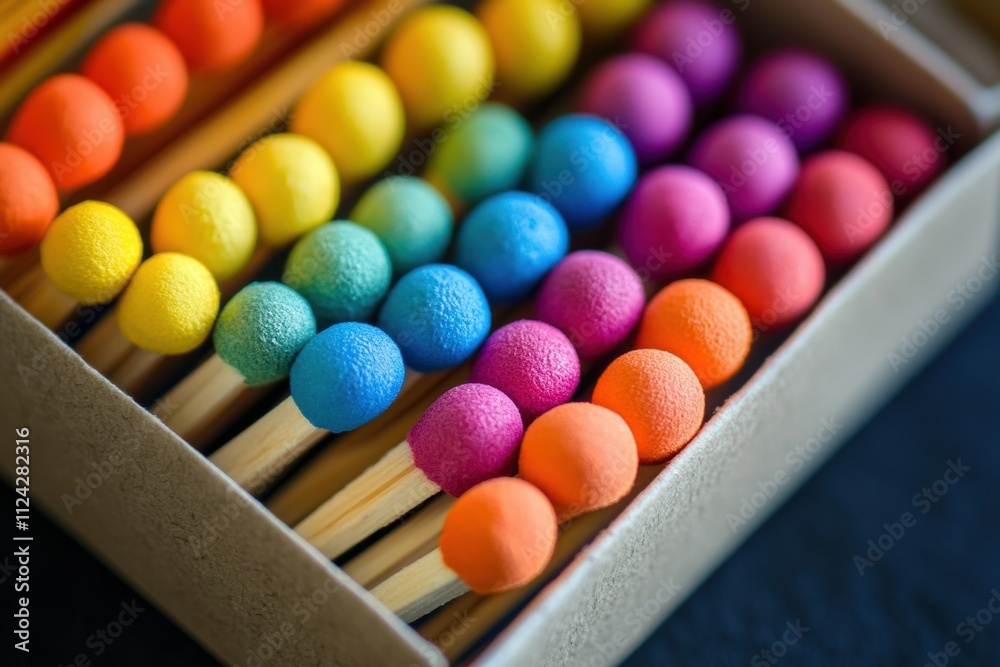 Colorful safety matches in a box creative display vibrant environment close-up perspective conceptual artwork for creative projects and safety awareness Colorful safety matches in a box creative display vibrant environment close-up perspective conceptual artwork for creative projects and safety awareness