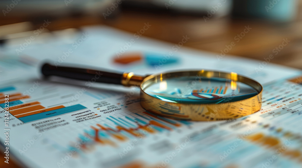 Business documents with colorful charts and graphs being examined through a magnifying glass. Business documents with colorful charts and graphs being examined through a magnifying glass.