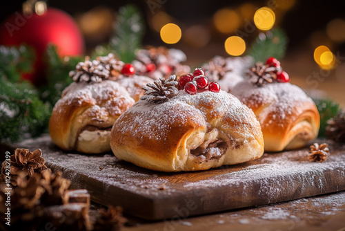 Cinnamon Rolls brioches or cinnamon rolls with icing sugar and cream cheese - decorated for Christmas in the studio