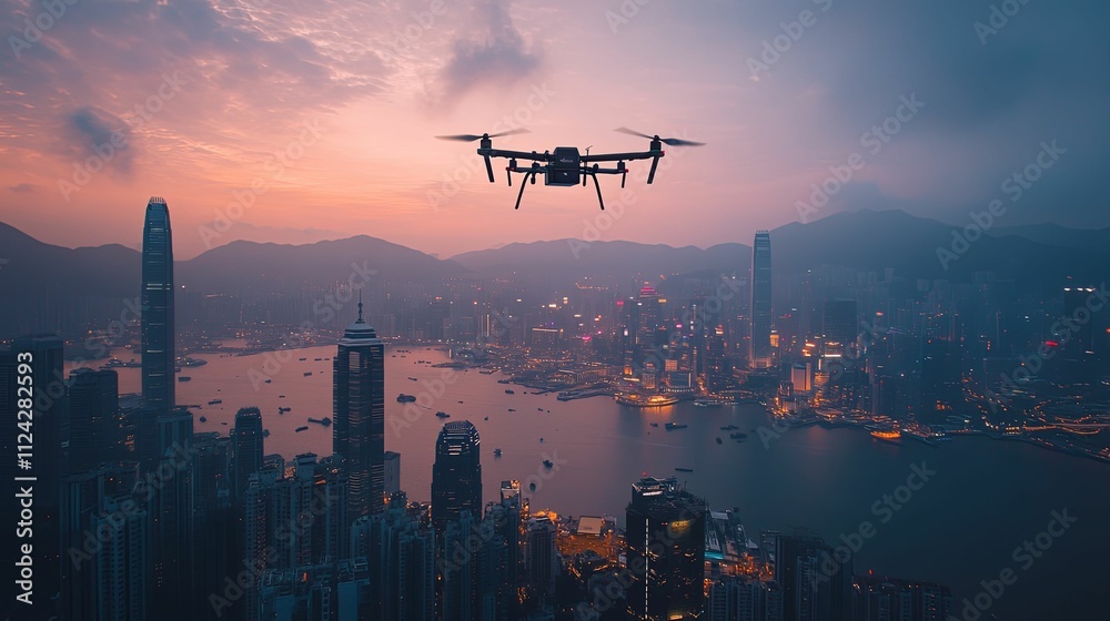 Drone Flight Over Hong Kong Cityscape at Sunset Drone Flight Over Hong Kong Cityscape at Sunset
