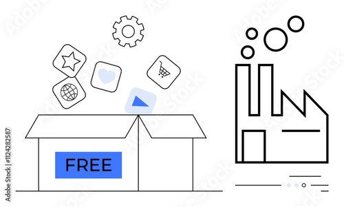 Icons of a star, heart, and shopping cart emerging from a box labeled FREE next to a stylized factory emitting bubbles. Ideal for product launches, app development, sustainability, innovation