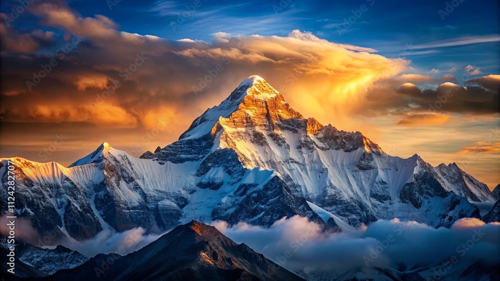 Majestic snow-capped peak illuminated by a vibrant sunset, clouds swirling below Majestic snow-capped peak illuminated by a vibrant sunset, clouds swirling below