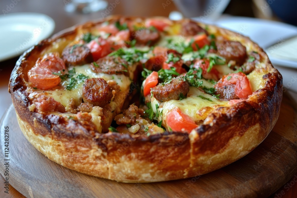 Sausage tomato and cheese pizza pot pie from Chicago on a table board Sausage tomato and cheese pizza pot pie from Chicago on a table board