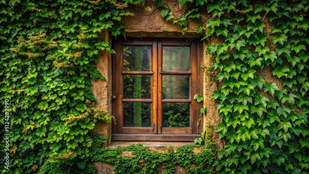 A rustic wooden window framed by vibrant green ivy, showcasing the beauty of nature's embrace of architecture. A rustic wooden window framed by vibrant green ivy, showcasing the beauty of nature's embrace of architecture.