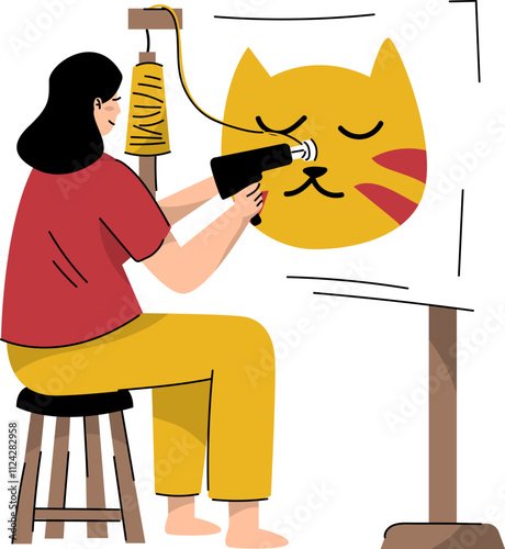 Vector Illustration of Person Doing Rug Tufting with Tufting Gun