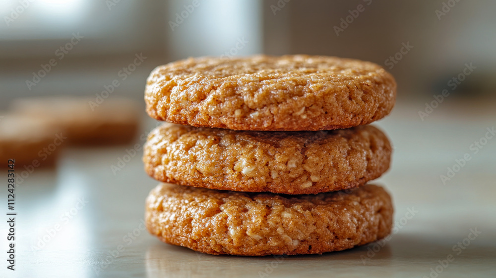 Stack of protein cookies on soft beige background with natural lighting Stack of protein cookies on soft beige background with natural lighting