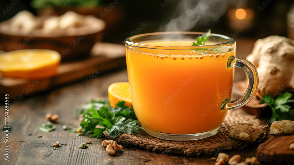 Steaming bone broth in clear cup on rustic wooden table setting Steaming bone broth in clear cup on rustic wooden table setting