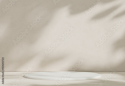Abstract studio room with realistic white cylinder pedestal podium set and leaf shadow overlay. Minimal scene for product display presentation. geometric platform stage for showcase