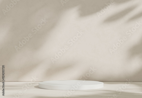 Abstract studio room with realistic white cylinder pedestal podium set and leaf shadow overlay. Minimal scene for product display presentation. geometric platform stage for showcase