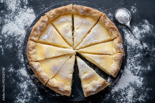 Semolina custard filled bougatsa on a black backdrop viewed from above photo