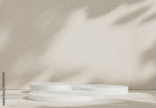 Abstract studio room with realistic white cylinder pedestal podium set and leaf shadow overlay. Minimal scene for product display presentation. geometric platform stage for showcase