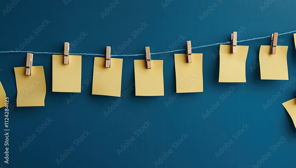 Yellow sticky notes hanging on a string against a teal background. Yellow sticky notes hanging on a string against a teal background.