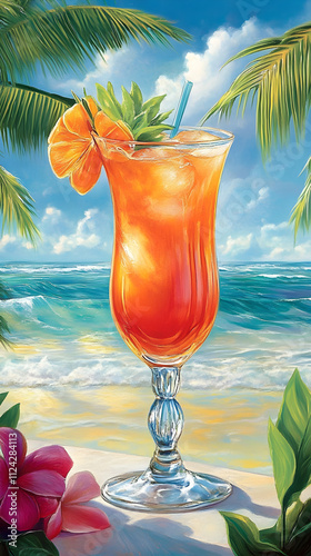 Tropical Beach Cocktail Refreshing Mai Tai on Sunny Shore photo