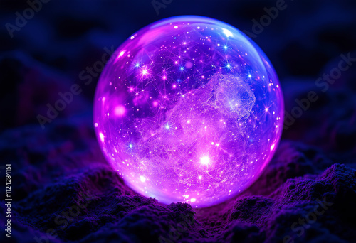 A crystal ball with glowing purple and blue lights inside, resting on a dark surface