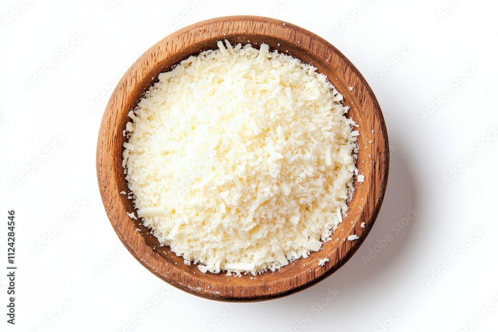 Shredded parmesan in a wooden bowl on a white background Overhead view of cheese slices Shredded parmesan in a wooden bowl on a white background Overhead view of cheese slices