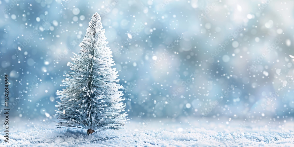 close up small pine tree christmas snow drop landscape blur background copy space mockup bokeh light