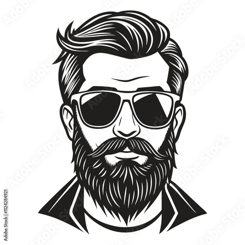 A monochrome vector illustration of a bearded man wearing sunglasses with a stylish mustache