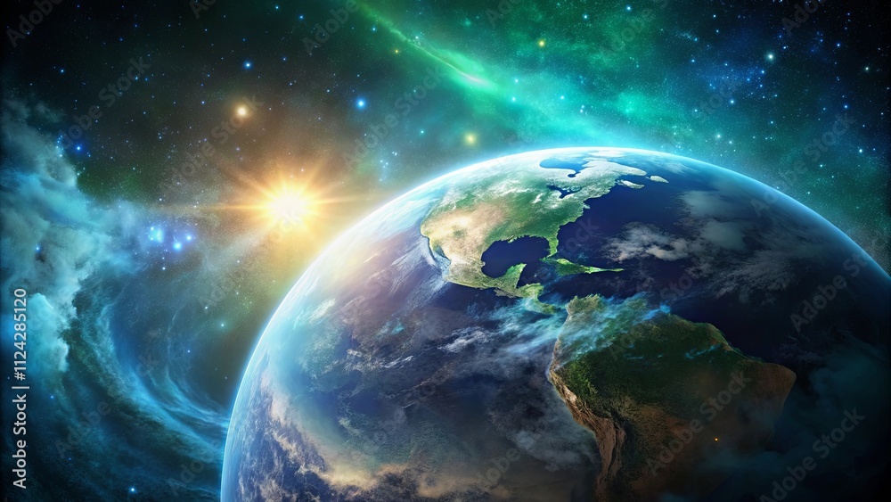 Obraz premium A Stunning View of Planet Earth From Space, Illuminated by a Radiant Sun and Enveloped by Cosmic Nebulae