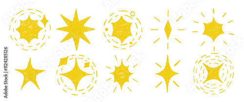Crayon stars and glowing symbols in sketch style. Grunge comic figure on a white background. Yellow vector illustration on a white background.