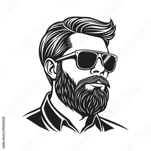 A monochrome vector illustration of a bearded man wearing sunglasses with a stylish mustache