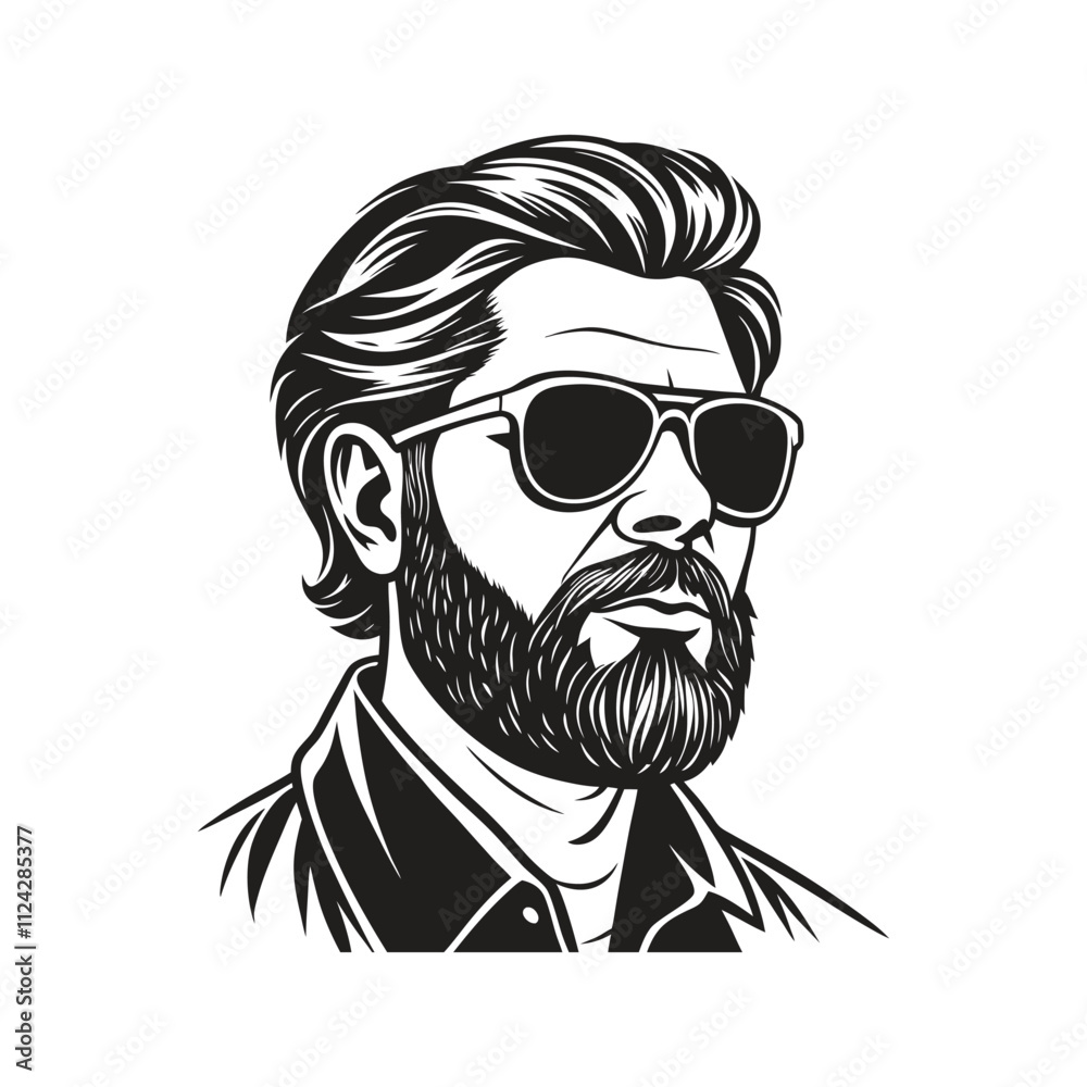 Fototapeta premium A monochrome vector illustration of a bearded man wearing sunglasses with a stylish mustache