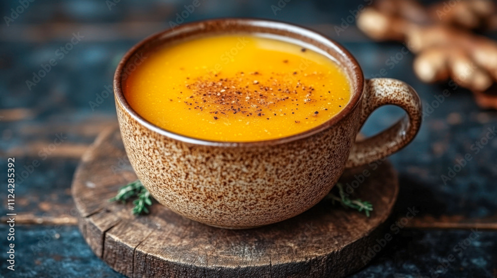 Warm bone broth in minimalist cup with dark moody background Warm bone broth in minimalist cup with dark moody background